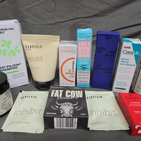 APPROX 12 ASSORTED BEAUTY PRODUCTS TO INCLUDE HAIRBURST SERUM, FAT COW SOAP, SHISEIDO SERUM, ETC