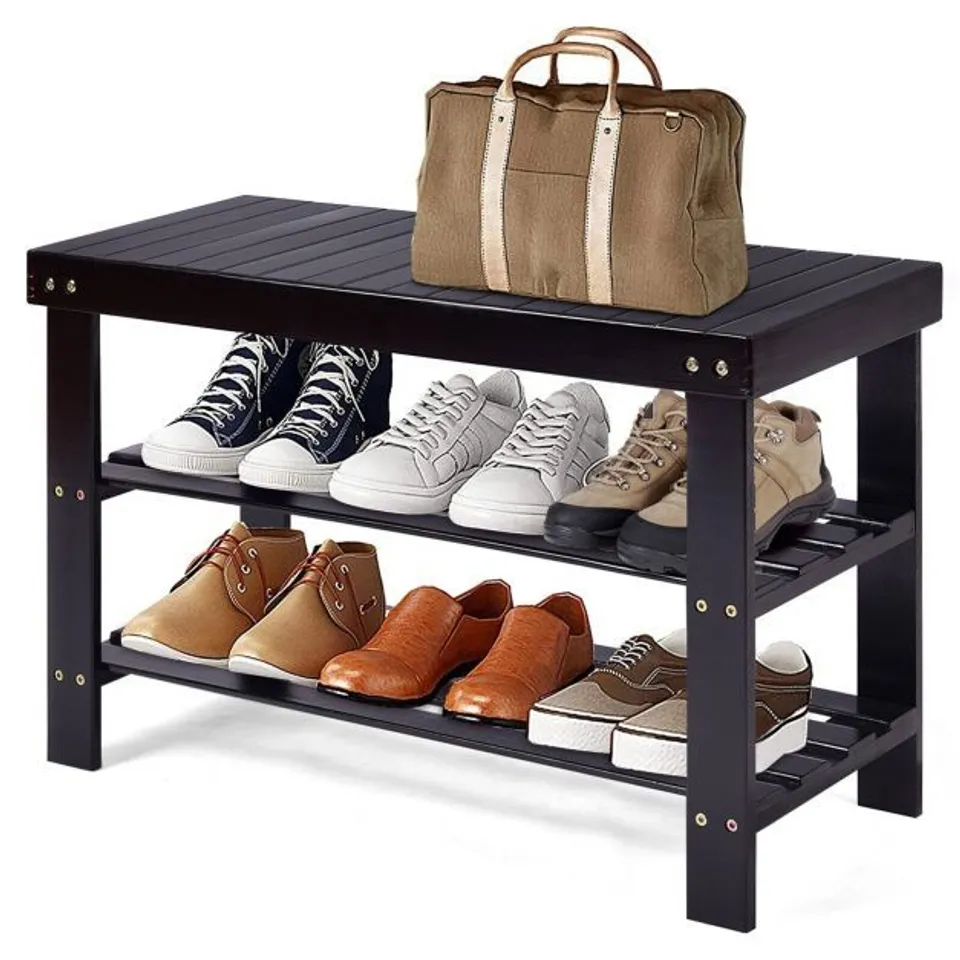 BOXED COSTWAY 3 TIER BAMBOO SHOE RACK BENCH STORAGE SHELF ORGANIZER ENTRYWAY HOME - BLACK
