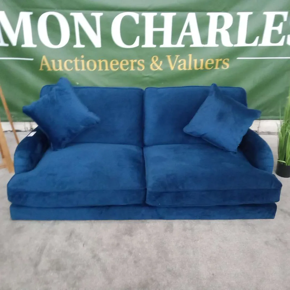 DESIGNER FABIOLA BLUE VELVET EFFECT FABRIC THREE SEATER SOFA
