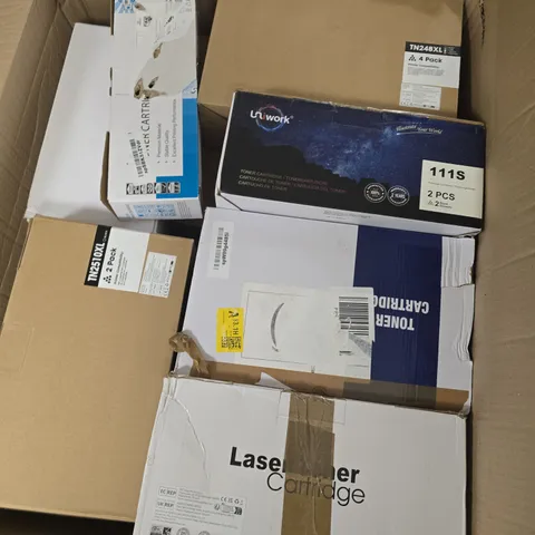 BOX OF APPROXIMATELY 10 ASSORTED PRINT CARTRIDGE INCLUDING LAZER TONER CARTRIDGES AND 2 PACK BLACK TONER CARTRIDGE AND