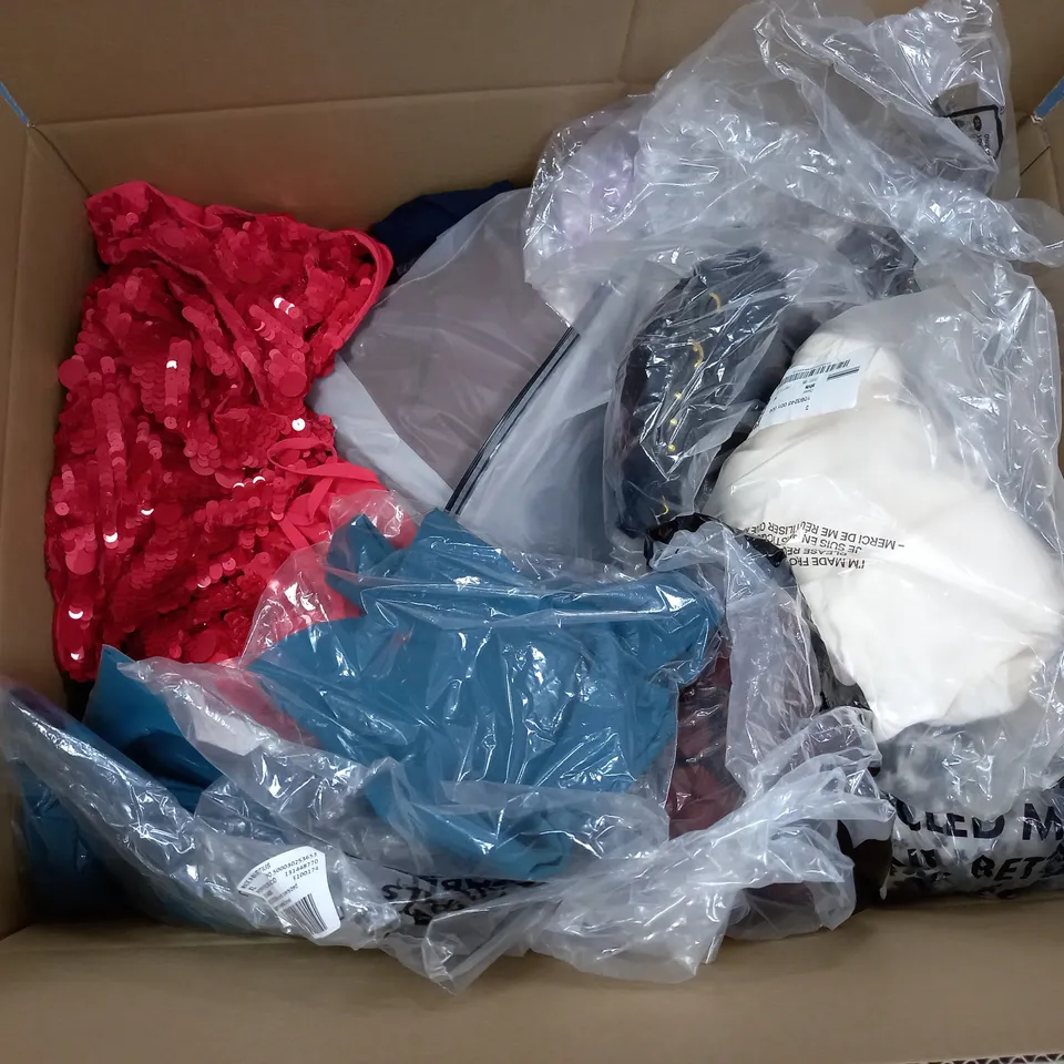 LARGE BOX OF ASSORTED CLOTHING ITEMS IN VARIOUS COLOURS AND SIZES INCLUDING TROUSERS , TOPS AND JUMPERS 