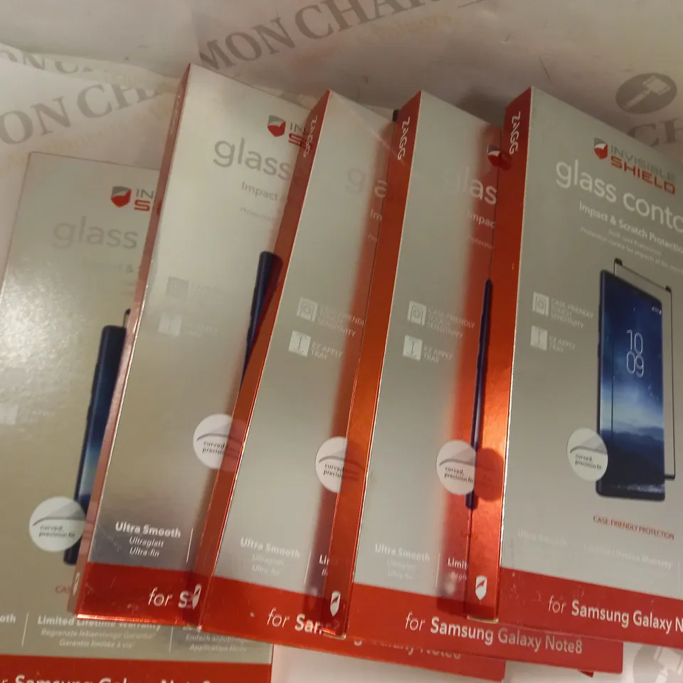 LOT OF APPROXIMATELY 5 ASSORTED INVISIBLE SHIELD GLASS CONTOUR IMPACT & SCRATCH PROTECTION FOR SAMSUNG GALAXY NOTE 8