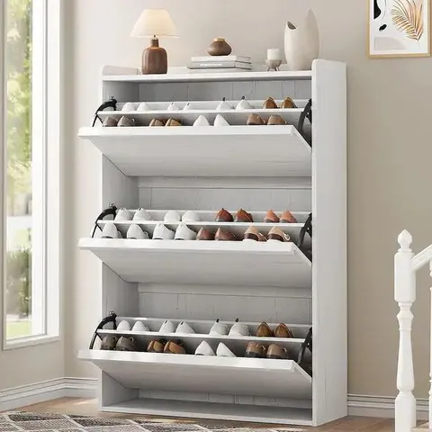 BOXED SHOE CABINET WITH 3 FLIP DRAWERS, MODERN SHOE RACK STORAGE ORGANIZER