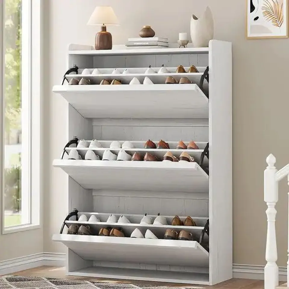 BOXED SHOE CABINET WITH 3 FLIP DRAWERS, MODERN SHOE RACK STORAGE ORGANIZER