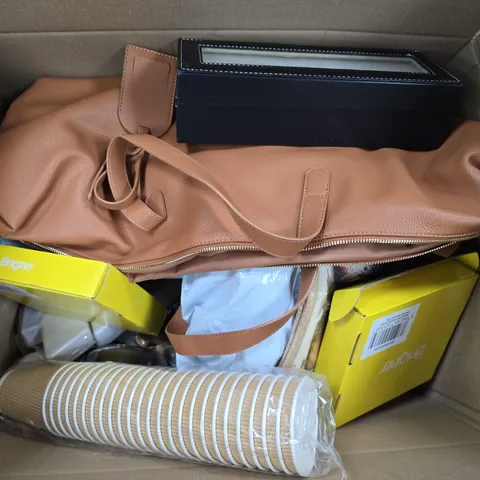 BOX OF APPROXIMATELY 15 ASSORTED HOUSEHOLD ITEMS TO INCLUDE VACUUM CLEANER PARTS, MINI FAN AND SMALL WOVEN BAG