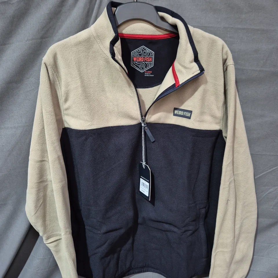 WEIRD FISH FLEECE HALF-ZIP PULLOVER – BEIGE & NAVY - SIZE XL