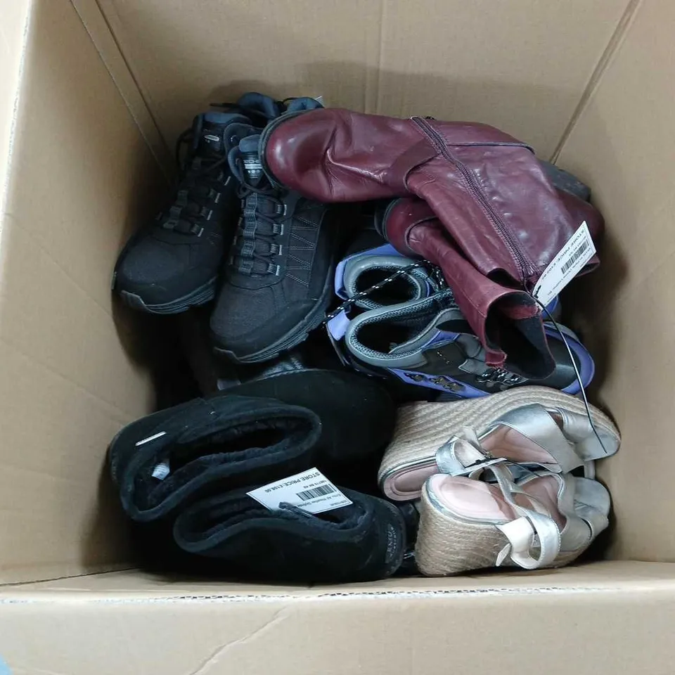 BOX OF APPROXIMATELY 12 ASSORTED PAIRS OF SHOES IN VARIOUS SIZES & STYLES & COLOURS 