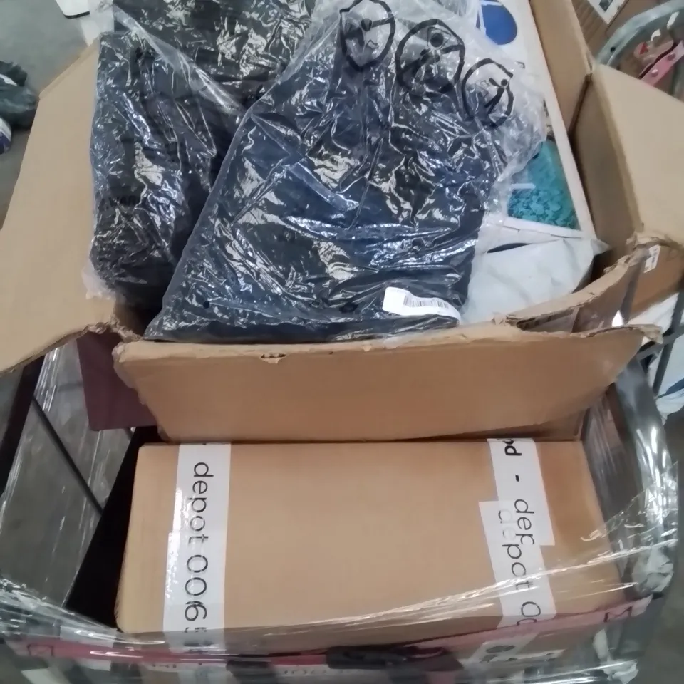CAGE CONTAINING LARGE QUANTITY OF ASSORTED BOXED HOUSEHOLD PRODUCTS INCLUDING: BABY CARRIER, PET SCALES, EXTRA BASS HEADPHONES,  HAIR STRAIGHTENERS AND LOTS MORE