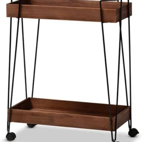 BOXED BAXTON 2 TIER WINE CART WALNUT BROWN FINISHED WOOD AND BLACK METAL
