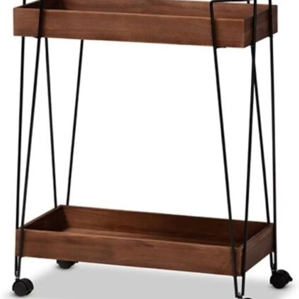 BOXED BAXTON 2 TIER WINE CART WALNUT BROWN FINISHED WOOD AND BLACK METAL