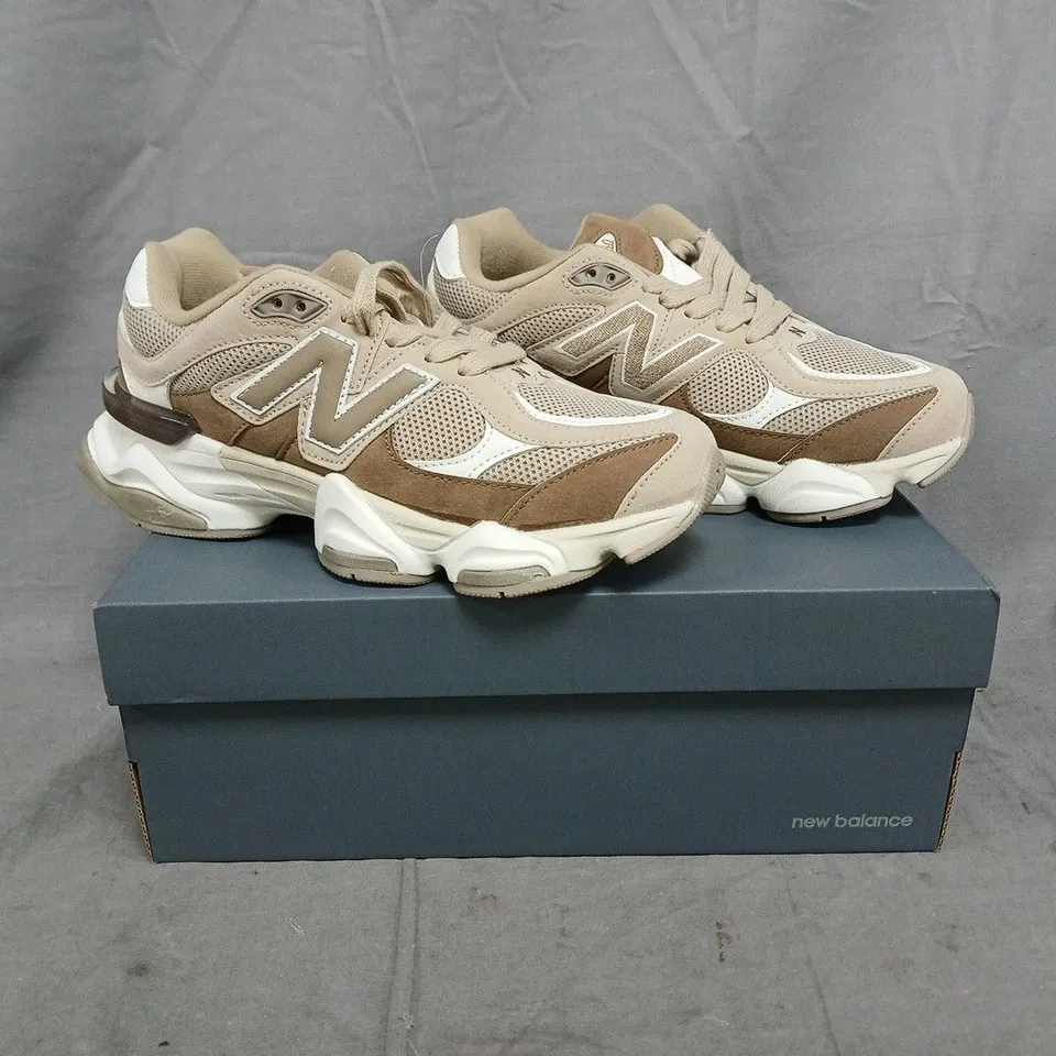 BOXED PAIR OF NEW BALANCE 9060 TRAINERS IN BEIGE/TAN SIZE UK 5.5
