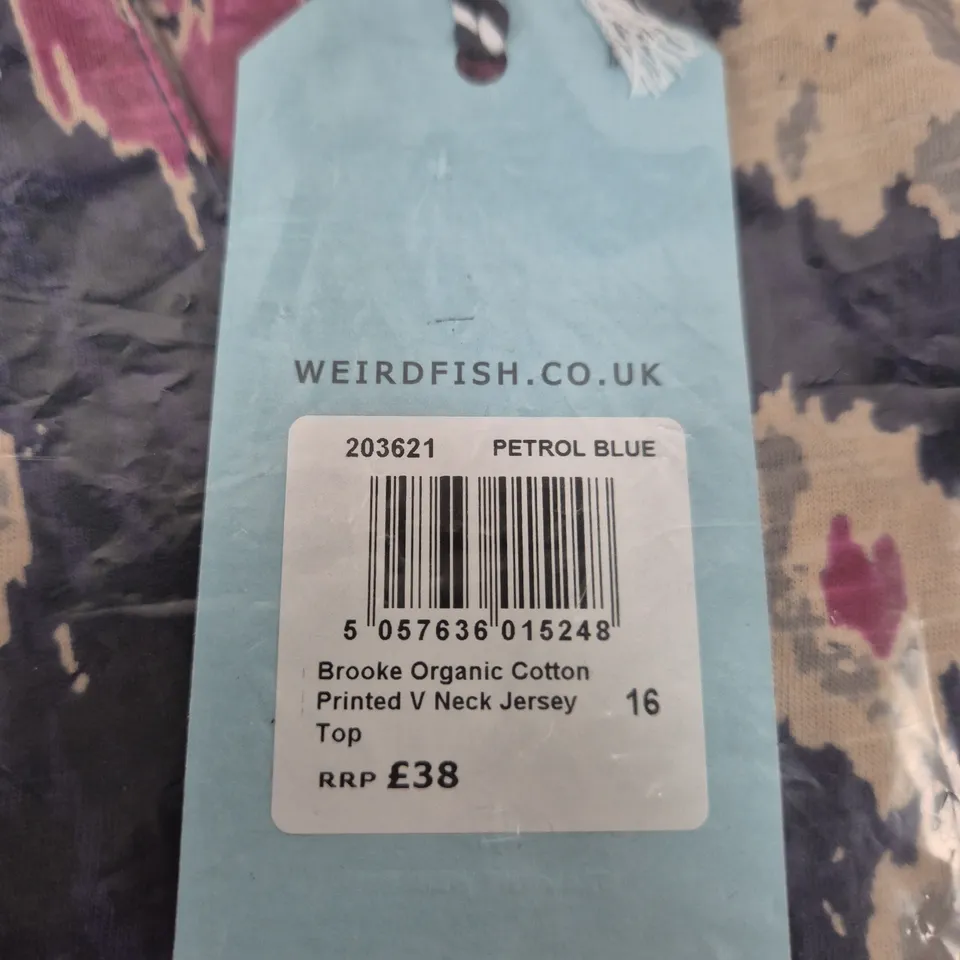 WEIRD FISH BROOKE ORGANIC COTTON PRINTED V‑NECK JERSEY TOP – UK 16, PETROL BLUE