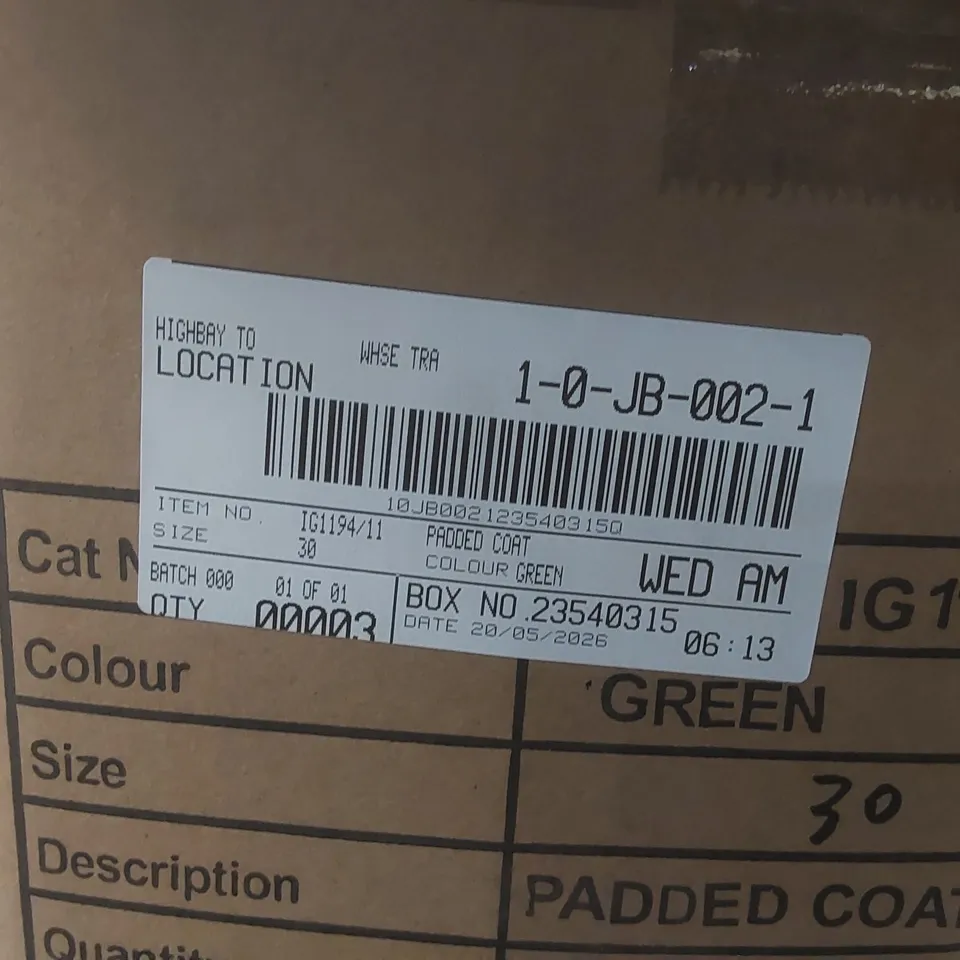 BOX CONTAINING APPROXIMATELY 3x BRAND NEW JD WILLIAMS GREEN PADDED COATS - SIZE 30