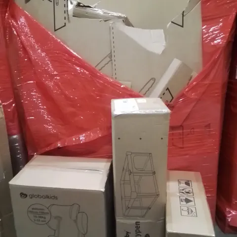 PALLET OF ASSORTED HOUSEHOLD GOODS AND PRODUCTS TO INCLUDE;CEILING FAN WITH LIGHT,PLAYPEN,CAR SEAT