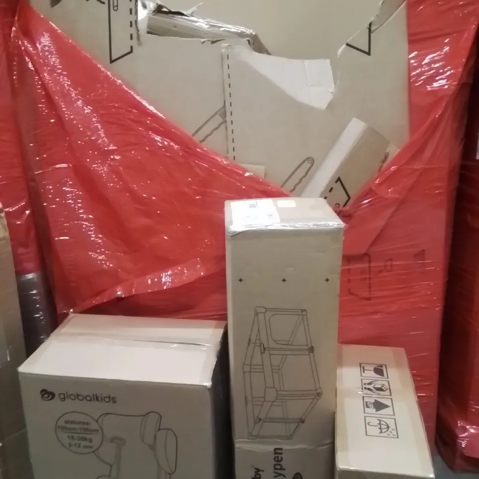 PALLET OF ASSORTED HOUSEHOLD GOODS AND PRODUCTS TO INCLUDE;CEILING FAN WITH LIGHT,PLAYPEN,CAR SEAT