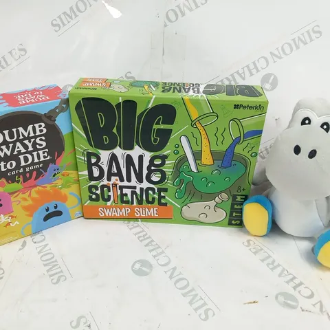 THREE ASSORTED PRODUCTS TO INCLUDE; SUPER MARIO SOFT TOY, BIG BANG SCIENCE AND DUMB WAYS TO DIE