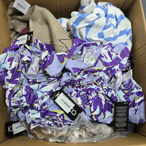 LARGE BOX OF ASSORTED CLOTHING ITEMS IN VARIOUS COLOURS, STYLES AND SIZES 