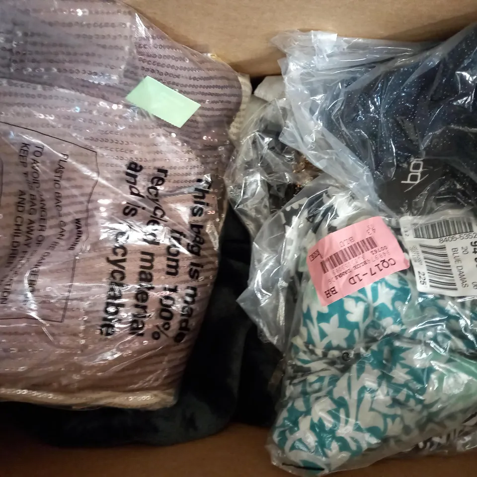 BOX OF APPROXIMATELY 10 ASSORTED CLOTHING AND FASHION ITEMS OF VARIOUS COLOURS AND STYLES TO INCLUDE BOOHOO, BPC SELECTION, AU VODKA, ETC