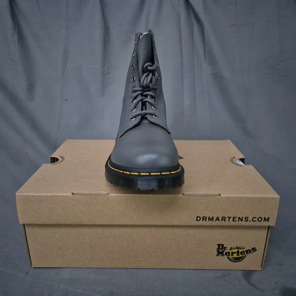 BOXED PAIR OF DR MARTENS 1460 PASCAL ANKLE BOOTS IN GUNMETAL UK SIZE 7