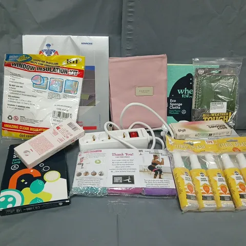APPROXIMATELY 15 ASSORTED HOUSEHOLD ITEMS TO INCLUDE WINDOW INSULATION KIT, AIR UP PODS, FABRIC RESISTANCE BANDS, ETC