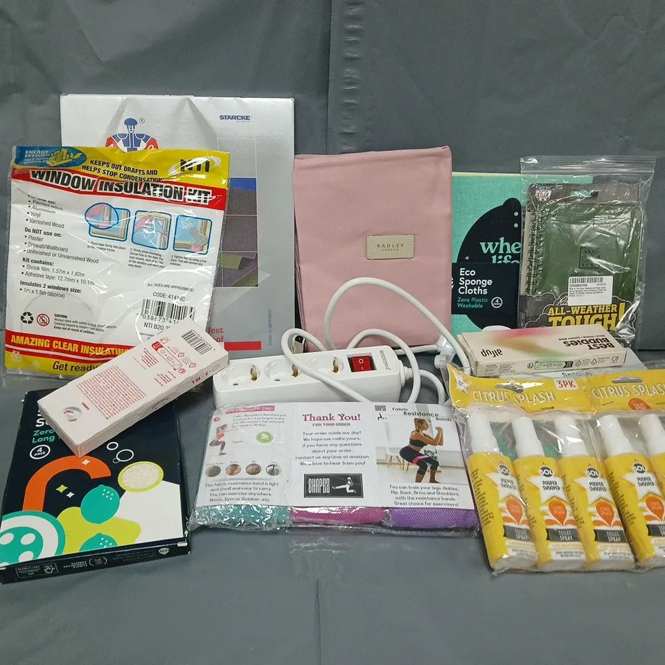 APPROXIMATELY 15 ASSORTED HOUSEHOLD ITEMS TO INCLUDE WINDOW INSULATION KIT, AIR UP PODS, FABRIC RESISTANCE BANDS, ETC
