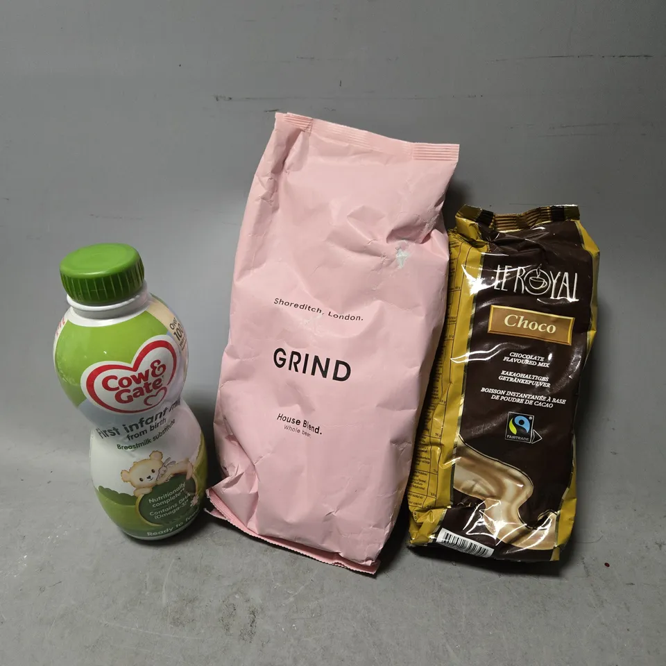 TOTE OF APPROXIMATELY 6 ASSORTED FOOD ITEMS TO INCLUDE - GRIND HOUSE BLEND , LE ROYAL CHOCO , COW & GATE INFANT MILK ETC