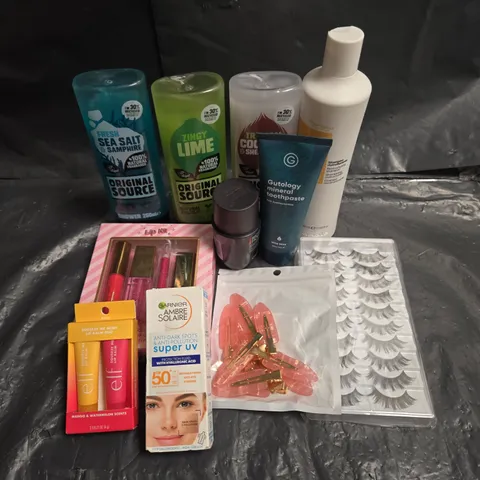 APPROXIMATEY 20 ASSORTED HEALTH AND BEAUTY PRODUCTS TO INCLUDE - ORIGINAL SOURCE SHOWER GEL - ELF LIP BALM DUO - FANOLA NUTRI CARE SHAMPOO - ETC