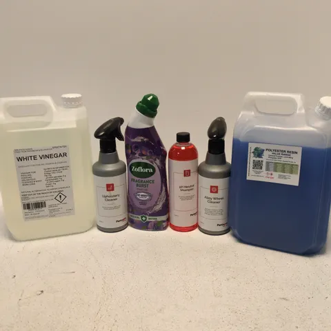 APPROXIMATELY 7 ASSORTED LARGE LIQUIDS TO INCLUDE WHITE VINEGAR, POLYESTER, ALLOY WHEEL CLEANER, ETC - COLLECTION ONLY