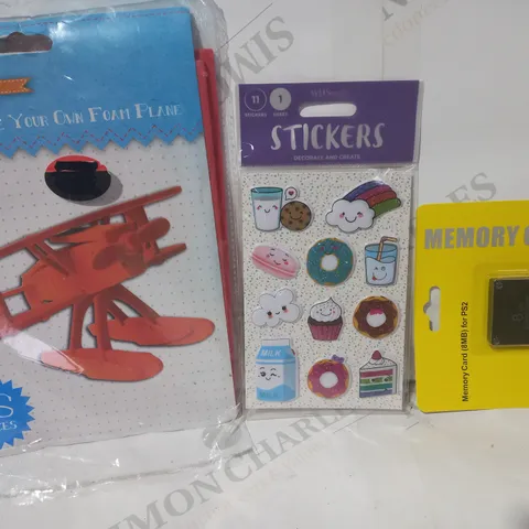 BOX OF APPROXIMATELY 20 ASSORTED TOYS AND GAMES TO INCLUDE CRAFT CRAZY MAKE YOUR OWN FOAM PLANE, DESIGNER SET OF CUTE STICKERS, SONY PLAYSTATION 2 8MB MEMORY CARD, ETC