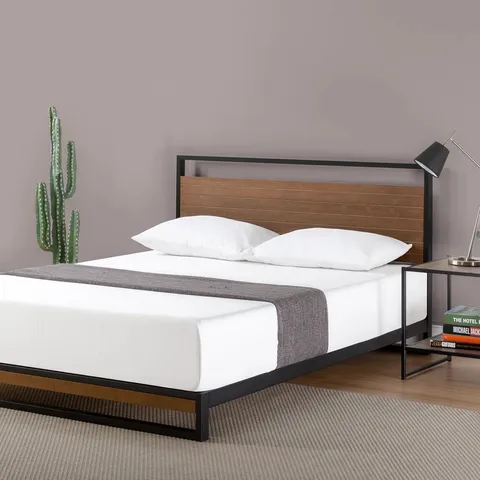 BOXED GEMMA LOW PROFILE METAL BED FRAME WITH BAMBOO HEADBOARD - SIZE UNSPECIFIED
