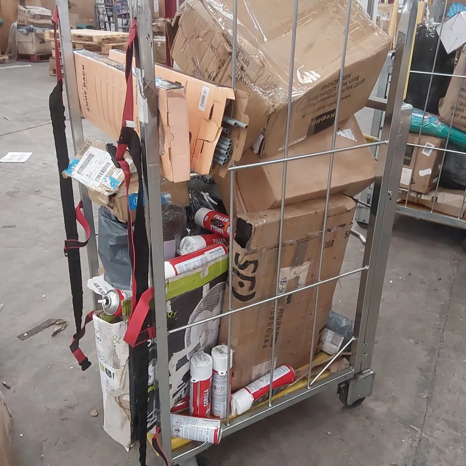 CAGE OF ASSORTED CONSUMER PRODUCTS/FURNITURE PARTS INCLUDING: SHOE RACKS, YOGA MAT, AIR PURIFIER ECT // CAGE NOT INCLUDED 