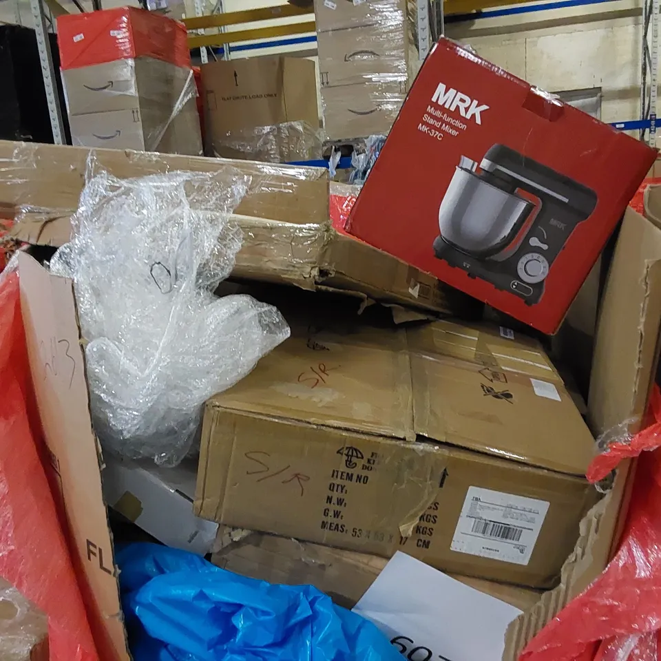 PALLET TO CONTAIN ASSORTED HOUSEHOLD ITEMS AND CONSUMER PRODUCTS. INCLUDING STAND MIXER, BOXED FURNITURE ETC