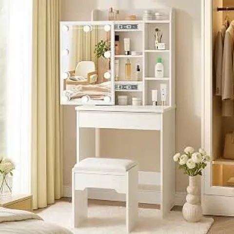 BOXED LEMROE HOLLYWOOD DRESSING TABLE WITH LED MIRROR AND STOOL MAKEUP TABLE.