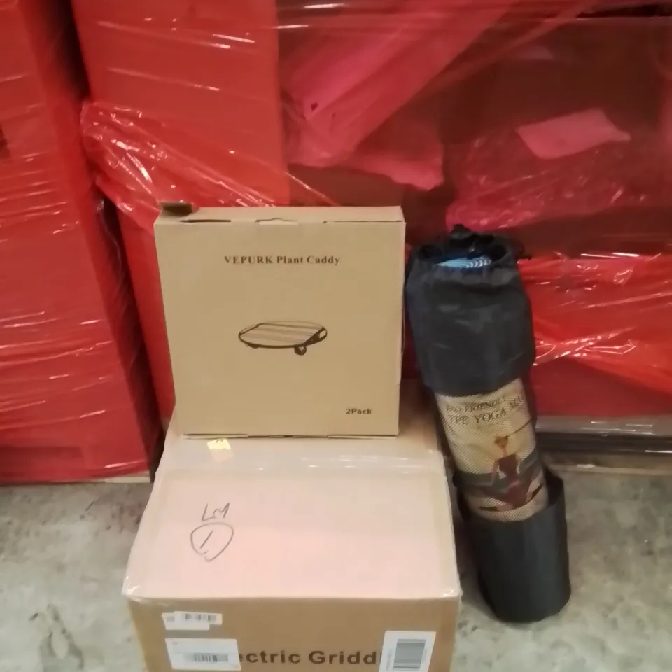 PALLET OF ASSORTED HOUSEHOLD GOODS AND PRODUCTS TO INCLUDE;ELECTRIC GRIDDLE,YOGA MAT,PLANT CADDY