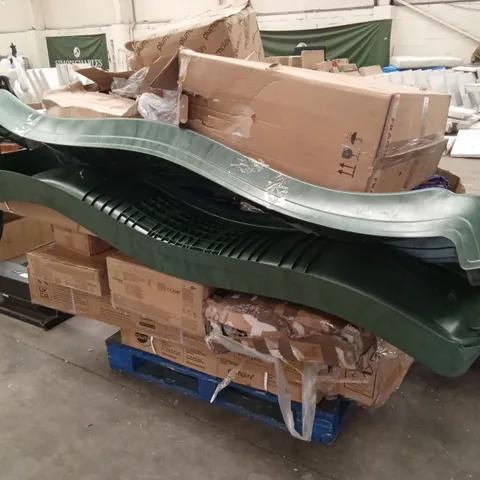 PALLET OF ASSORTED INCOMPLETE TRAMPOLINE PARTS AND PLUM OUTDOOR PLAY PARTS AND PIECES 
