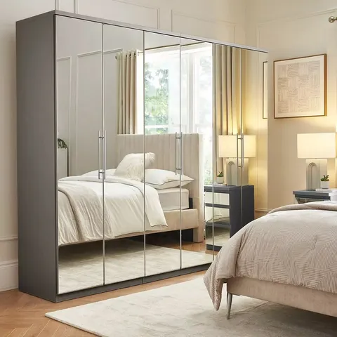 BOXED PRAGUE MIRROR 6 DOOR WARDROBE - DARK GREY (5 BOXES)