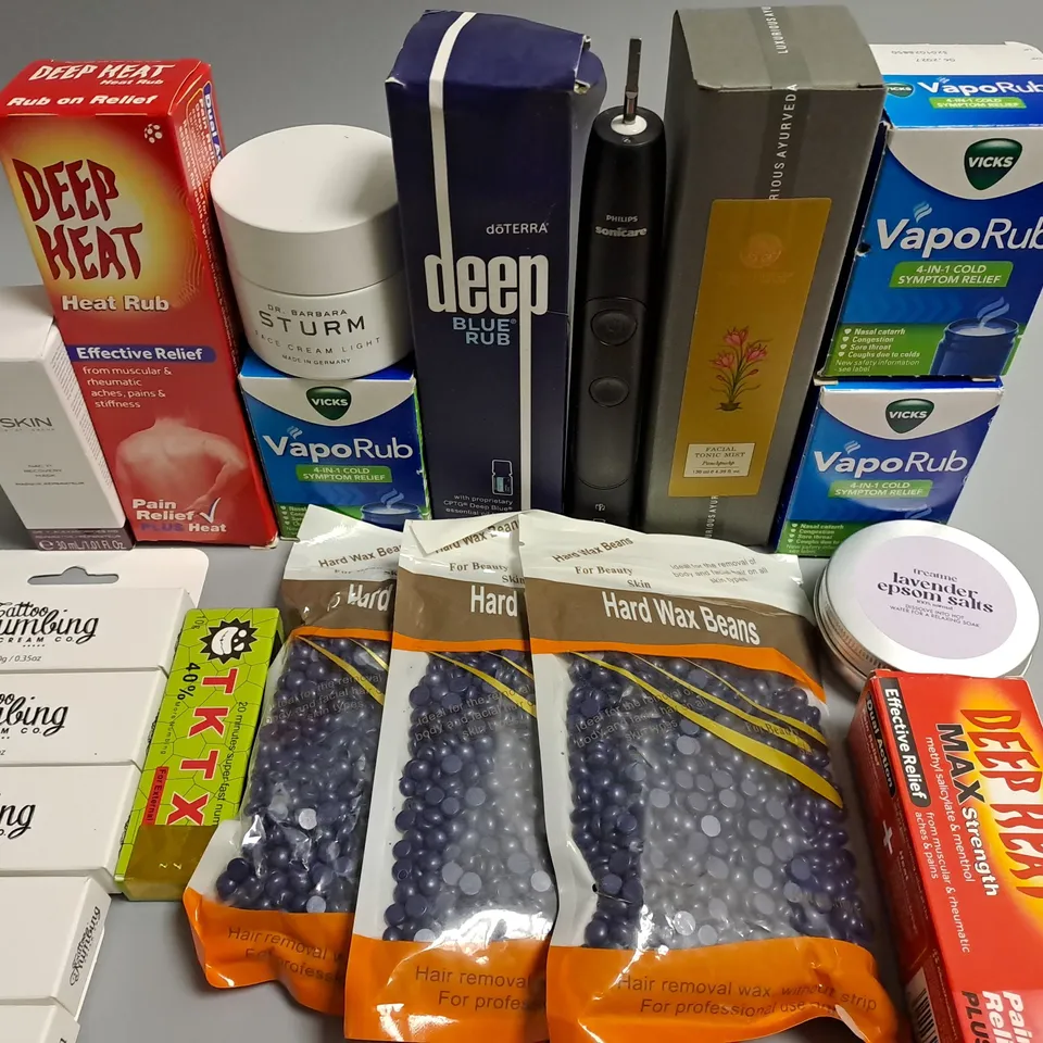 LOT OF ASSORTED HEALTH AND BEAUTY ITEMS TO INCLUDE DEEP HEAT, FACIAL TONIC MIST AND TATTOO NUMBING CREAM