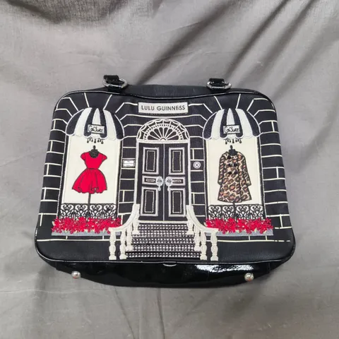 LULU GUINNESS HANDBAG – STOREFRONT PRINT, BLACK EXTERIOR WITH RED LINING