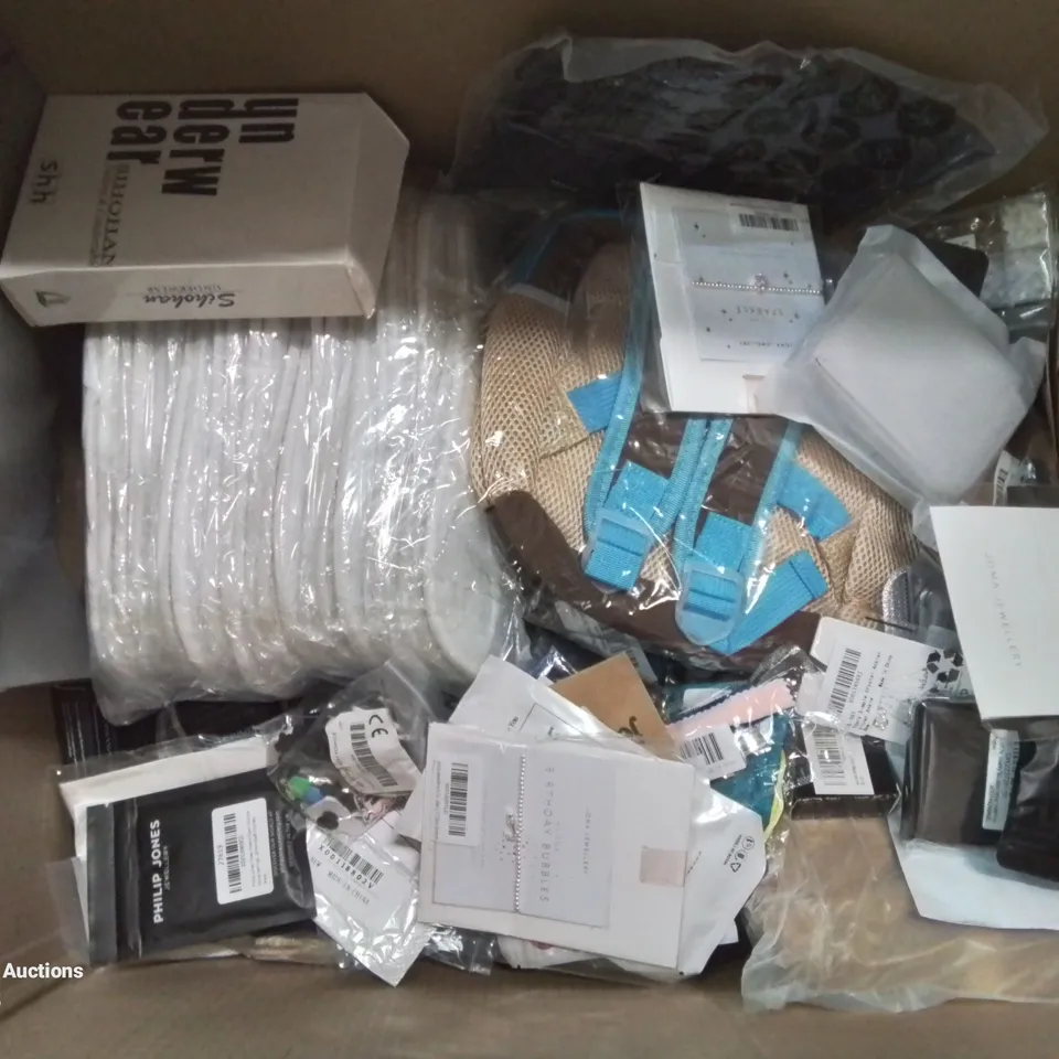 BOX CONTAINING LARGE AMOUNT OF MIXED FASHION ITEMS, SILVER PLATE AND COSTUME JEWELLERY, CLOTHING ITEMS ETC.