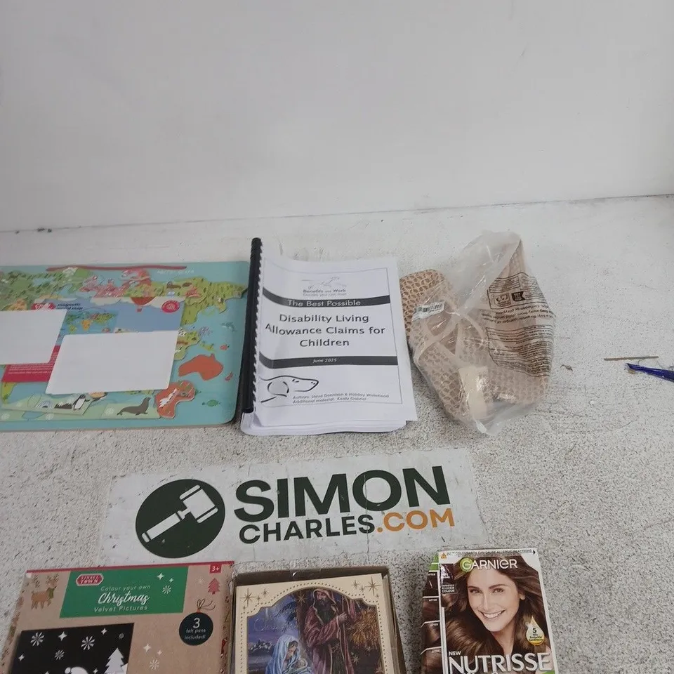 BOX OF APPROXIMATELY 10 ASSORTED ITEMS INCLUDING SOME SLIP ON SHOES, SOME GARNIER NUTRISSE PERMANENT HAIR COLOUR AND SOME LUXURY CHRISTMAS CARDS