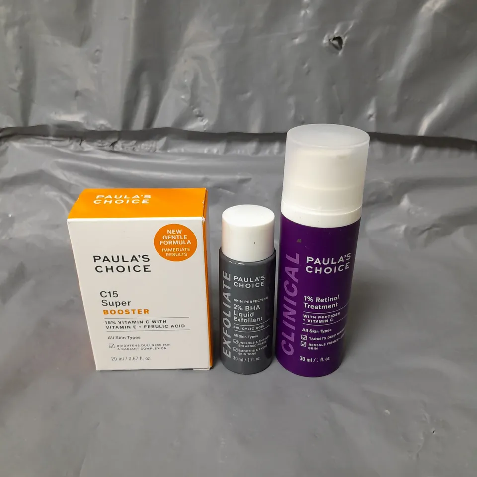 LOT OF 3 PAULA'S CHOICE SKIN CARE PRODUCTS TO INCLUDE 1% RETINOL TREATMENT 30ML, LIQUID EXFOLIANT 30ML AND C15 SUPER BOOSTER 20ML