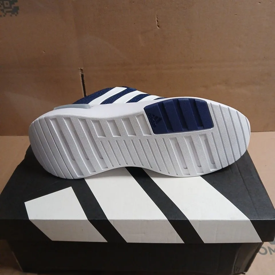 ADIDAS NAVY BLUE MESH TRAINERS WITH WHITE STRIPES BOXED SIZE 6