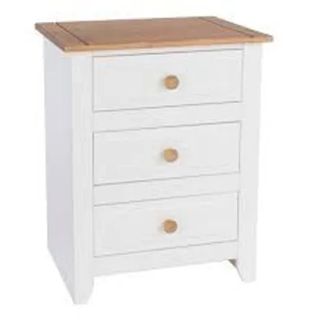 BOXED MARINA WHITE WAXED 3 DRAWER BEDSIDE CABINET CP310 (1 BOX)