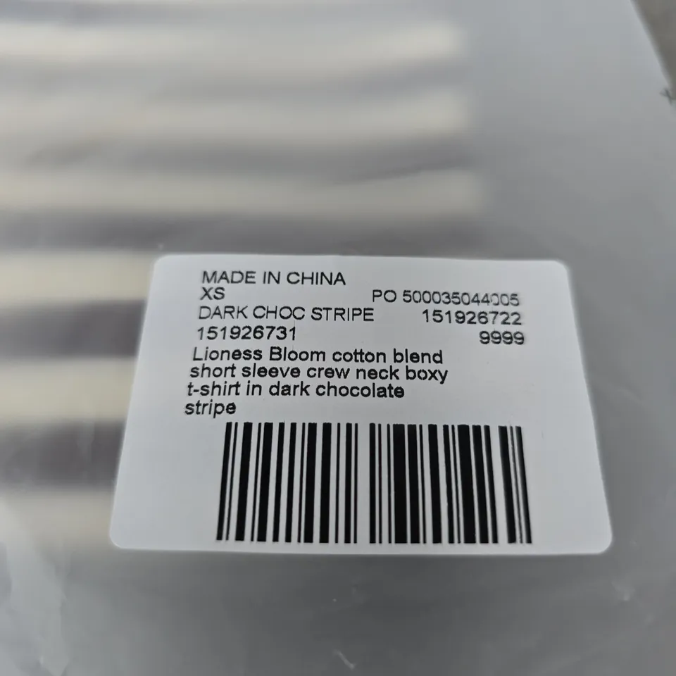 LIONESS BLOOM COTTON BLEND SHORT SLEEVE BOXY T‑SHIRT – DARK CHOCOLATE STRIPE – XS. BAGGED