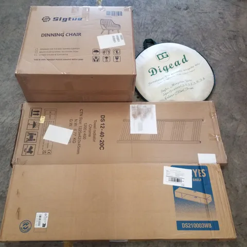 PALLET CONTAINING ASSORTED PRODUCTS INCLUDING DINING CHAIR, POP UP MOSQUITO NET, TOWEL RADIATOR & TV SHELF