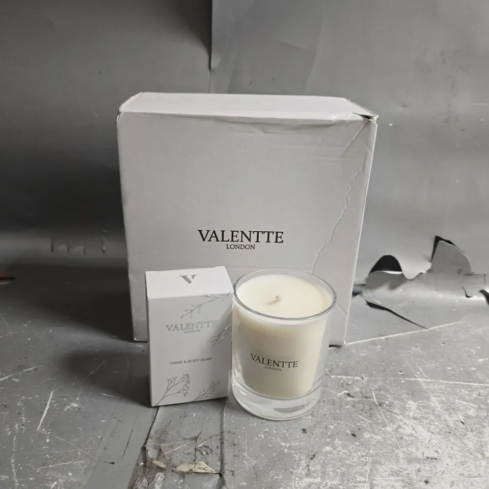 BOXED PAIR VALENTTE PRODUCTS TO INCLUDE HAND BODY SOAP PURE LAVENDER & PURE LAVENDER CANDLE