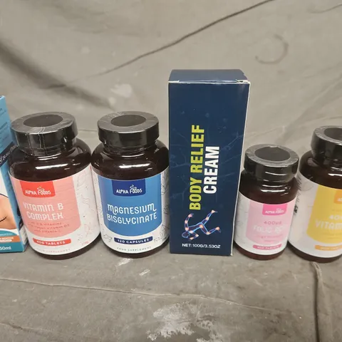 APPROXIMATELY 10 ASSORTED HEALTH & BEAUTY ITEMS: ADVANCED SILICONE SCAR GEL, VITAMIN B COMPLEX, MAGNESIUM BISGLYCINATE, BODY RELIEF CREAM & VITAMIN C SUPPLEMENTS