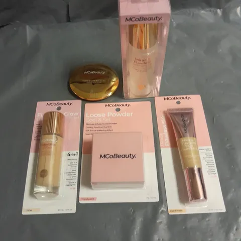 LOT OF 5 MCOBEAUTY MAKE UP PRODUCTS TO INCLUDE FOUNDATION, SETTING SPRAY AND LOOSE POWDER