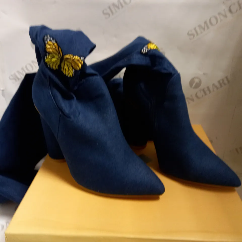 KOI VEGAN BUTTERFLY EFFECT DENIM LONG BOOTS - SIZE 5
