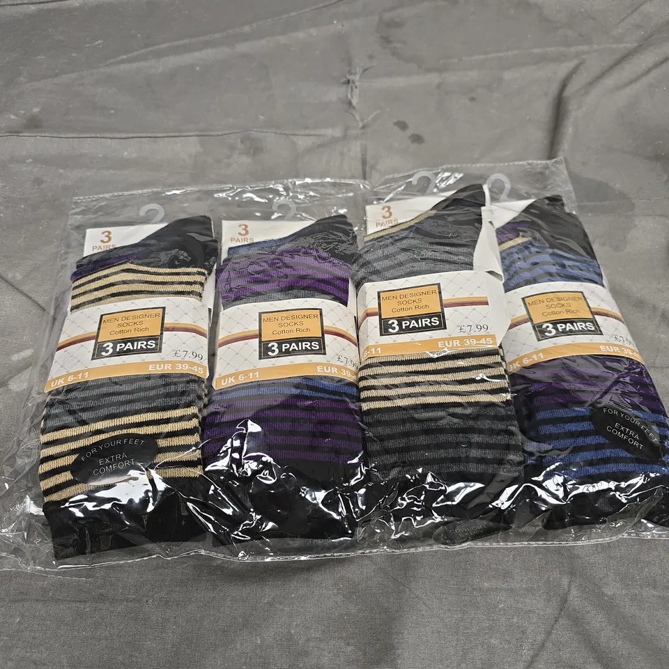 MEN'S DESIGNER SOCKS COTTON RICH – 4 PACKS (3 PAIRS EACH), UK 6-11
